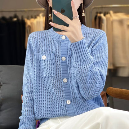 Crew Neck Solid Knit Cardigan