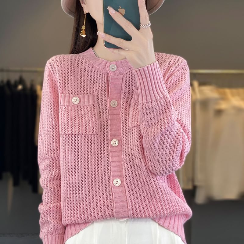 Crew Neck Solid Knit Cardigan