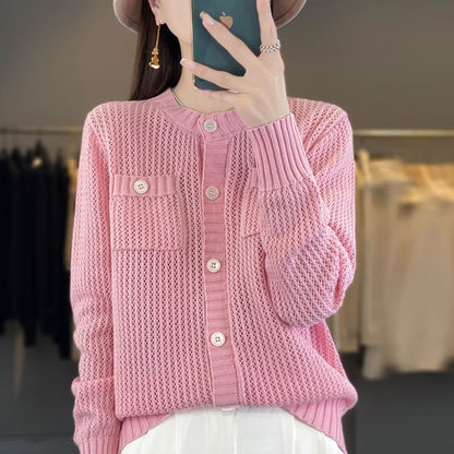 Crew Neck Solid Knit Cardigan