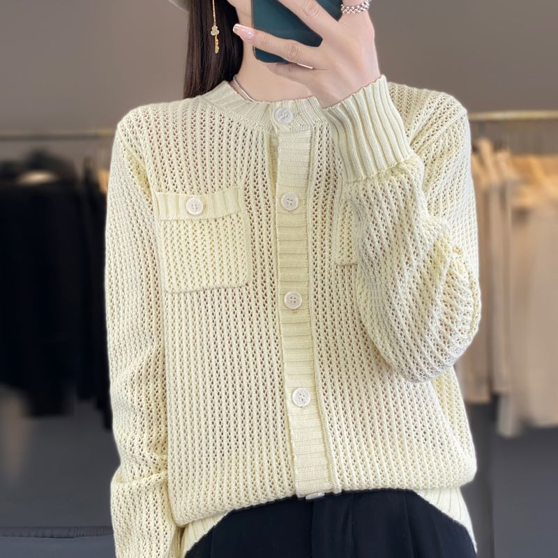 Crew Neck Solid Knit Cardigan