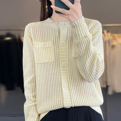 Crew Neck Solid Knit Cardigan