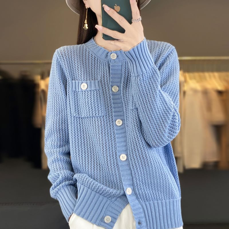 Crew Neck Solid Knit Cardigan