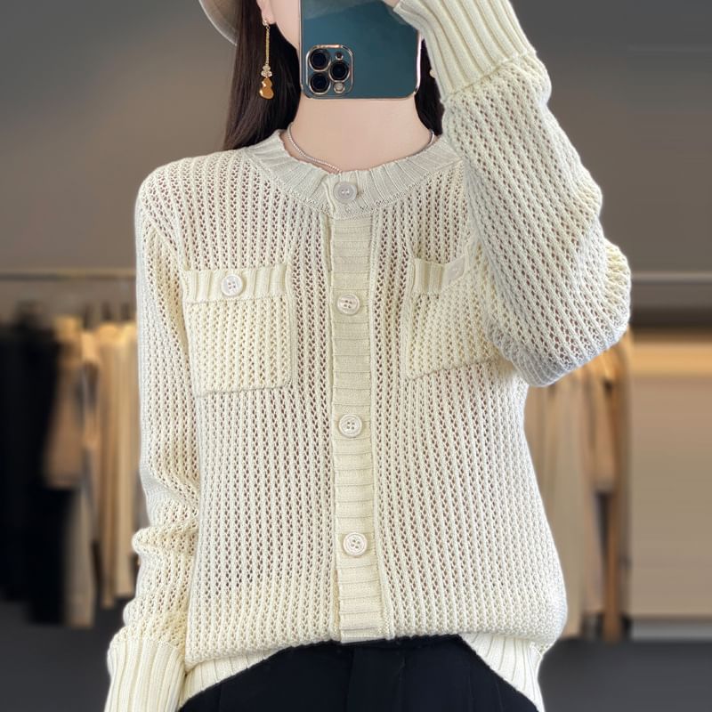 Crew Neck Solid Knit Cardigan