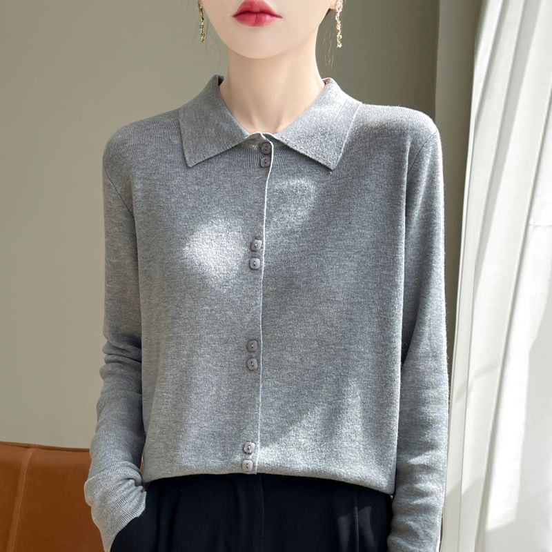 Collared Solid Knit Cardigan