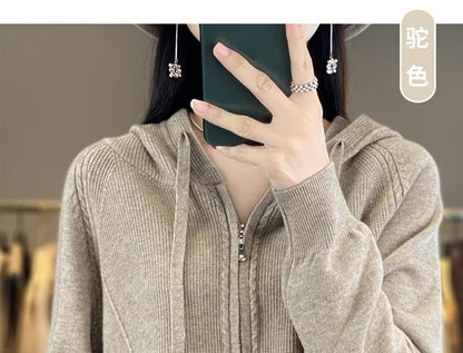 Hooded Zip-Front Solid Knit Jacket