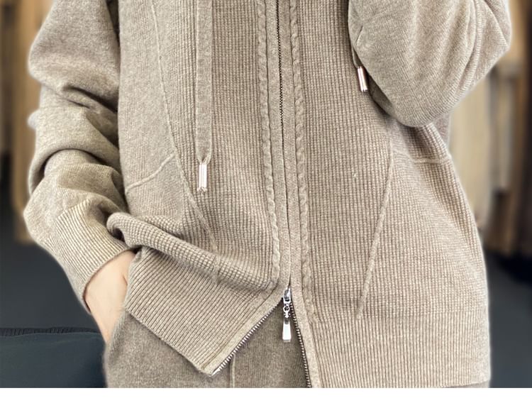 Hooded Zip-Front Solid Knit Jacket