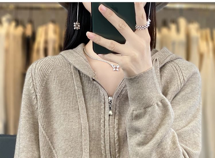 Hooded Zip-Front Solid Knit Jacket