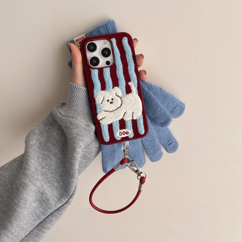 Dog Striped Embroidered Phone Case