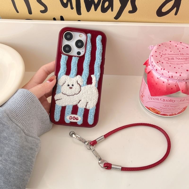 Dog Striped Embroidered Phone Case