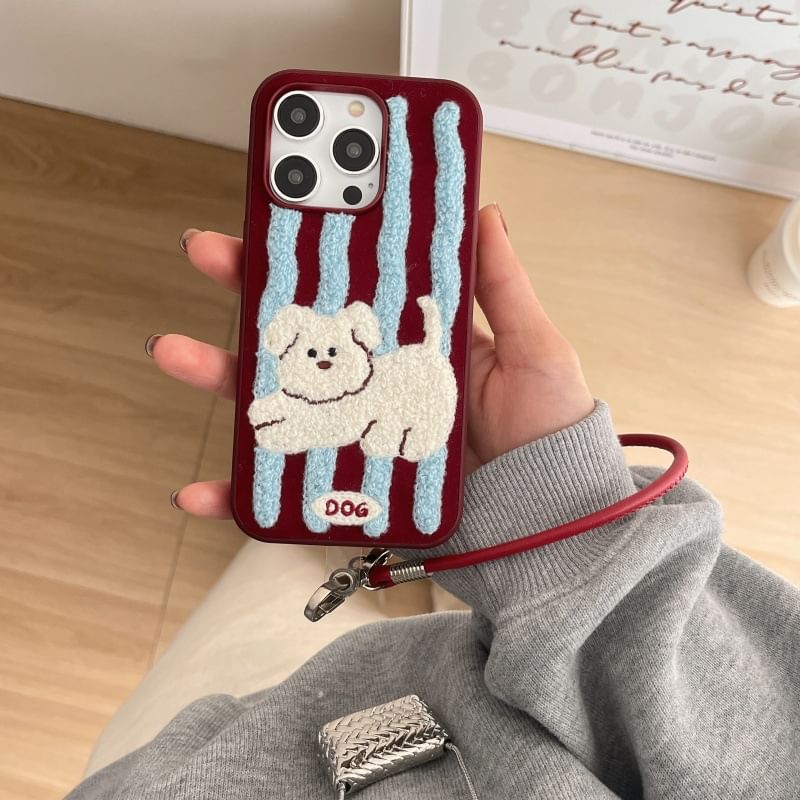 Dog Striped Embroidered Phone Case