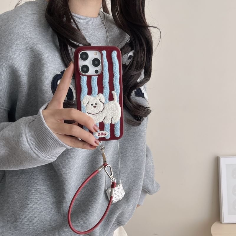 Dog Striped Embroidered Phone Case