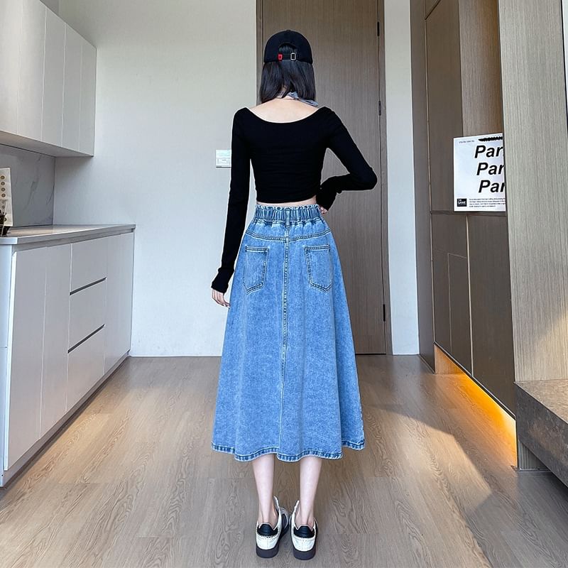 Stretch-Band Washed Denim Midi Flared Skirt