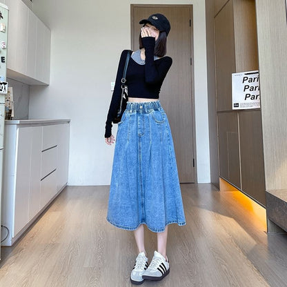 Stretch-Band Washed Denim Midi Flared Skirt
