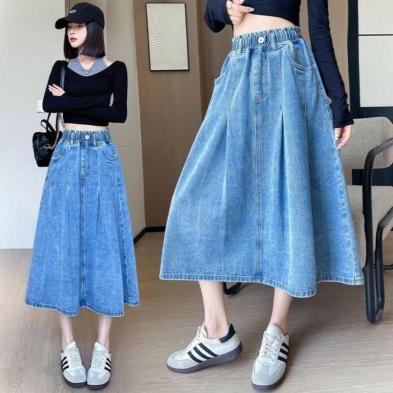 Stretch-Band Washed Denim Midi Flared Skirt