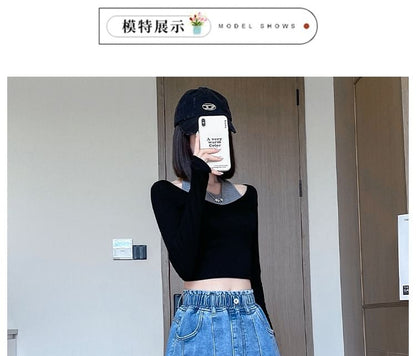 Stretch-Band Washed Denim Midi Flared Skirt