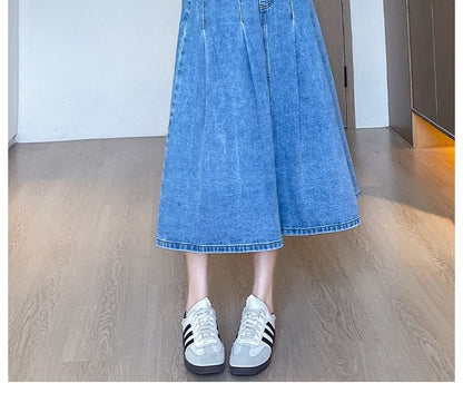 Stretch-Band Washed Denim Midi Flared Skirt