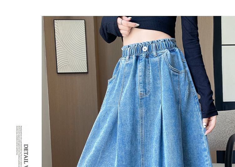 Stretch-Band Washed Denim Midi Flared Skirt