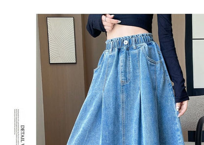 Stretch-Band Washed Denim Midi Flared Skirt