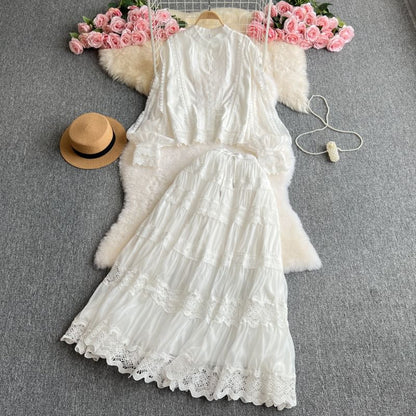 Ensemble: Puff Sleeve High Collar Solid Panel Blouse + Elevated Waist Tiered Maxi Flared Skirt