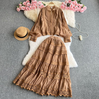 Ensemble: Puff Sleeve High Collar Solid Panel Blouse + Elevated Waist Tiered Maxi Flared Skirt