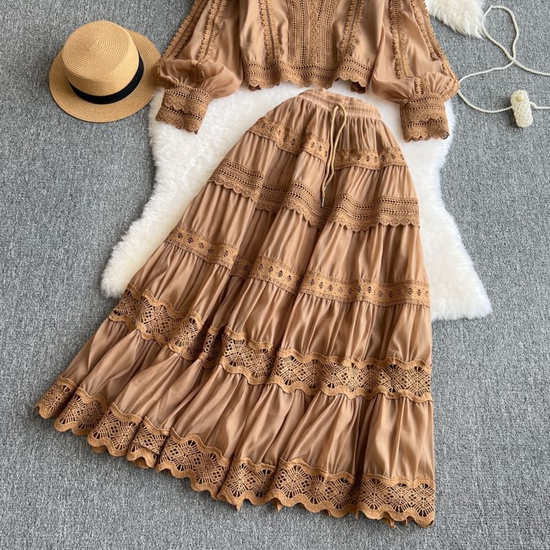 Ensemble: Puff Sleeve High Collar Solid Panel Blouse + Elevated Waist Tiered Maxi Flared Skirt