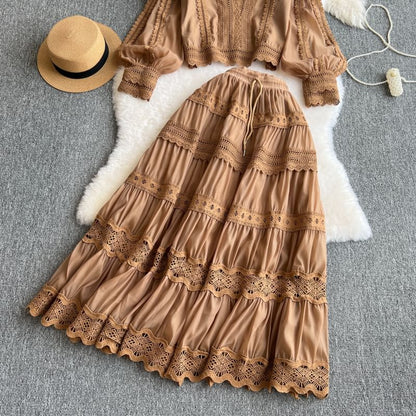 Ensemble: Puff Sleeve High Collar Solid Panel Blouse + Elevated Waist Tiered Maxi Flared Skirt
