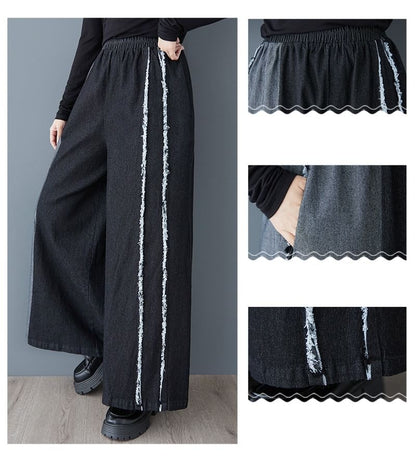 Elastic Waist Washed Fray Panel Denim Culottes