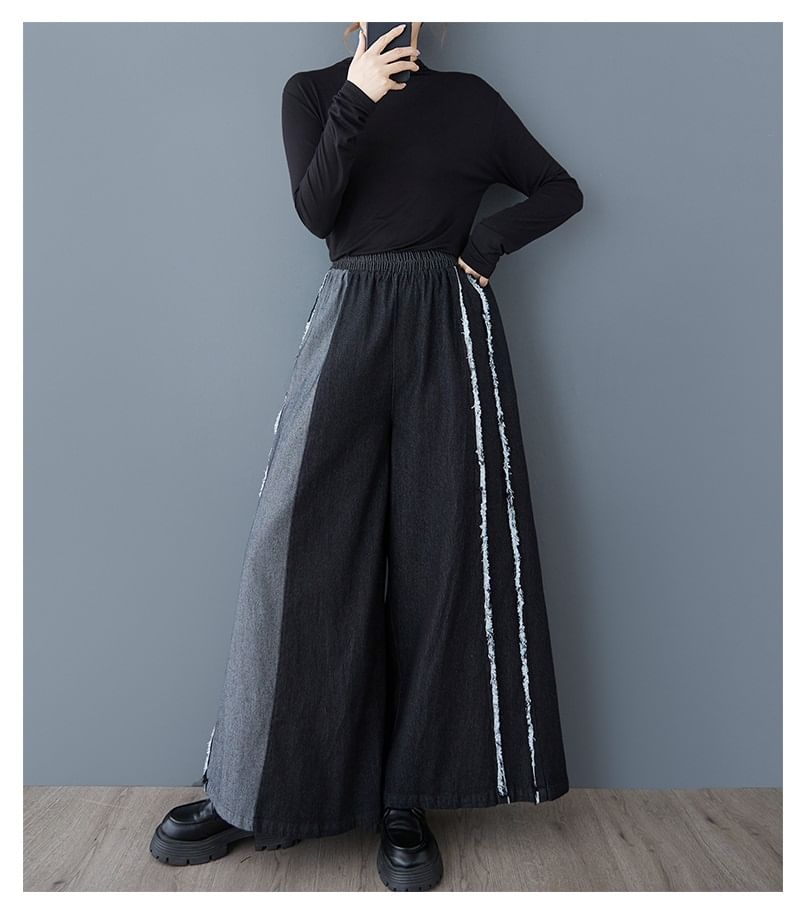Elastic Waist Washed Fray Panel Denim Culottes