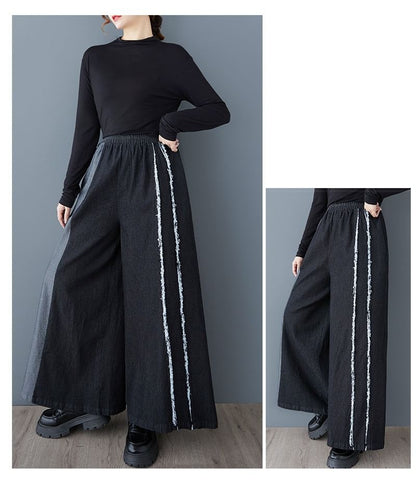 Elastic Waist Washed Fray Panel Denim Culottes