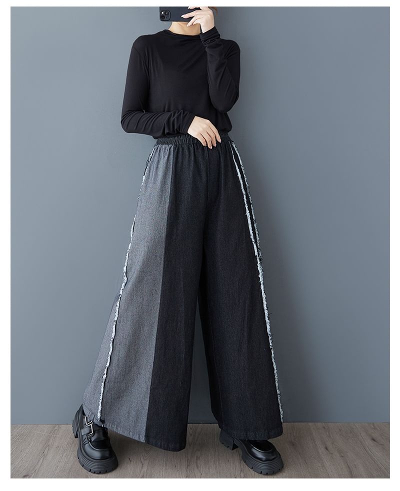 Elastic Waist Washed Fray Panel Denim Culottes