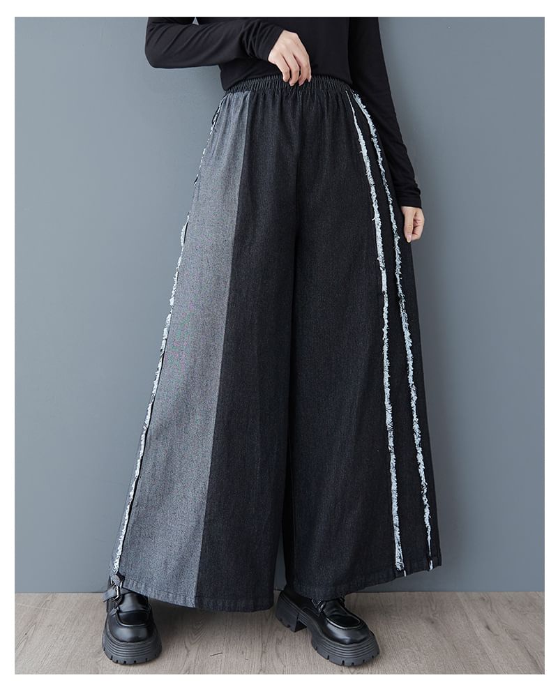 Elastic Waist Washed Fray Panel Denim Culottes