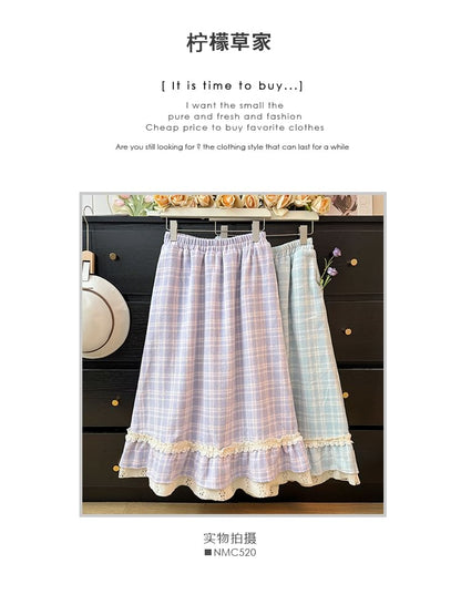 Checkered Lace-Trim High-Waist Flared Skirt