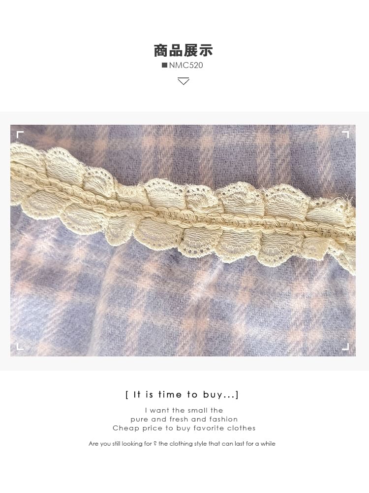 Checkered Lace-Trim High-Waist Flared Skirt