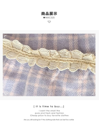 Checkered Lace-Trim High-Waist Flared Skirt