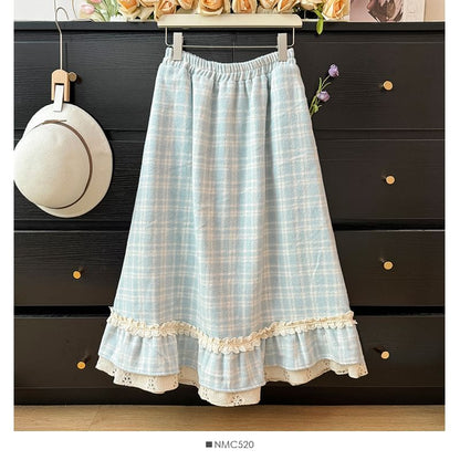 Checkered Lace-Trim High-Waist Flared Skirt
