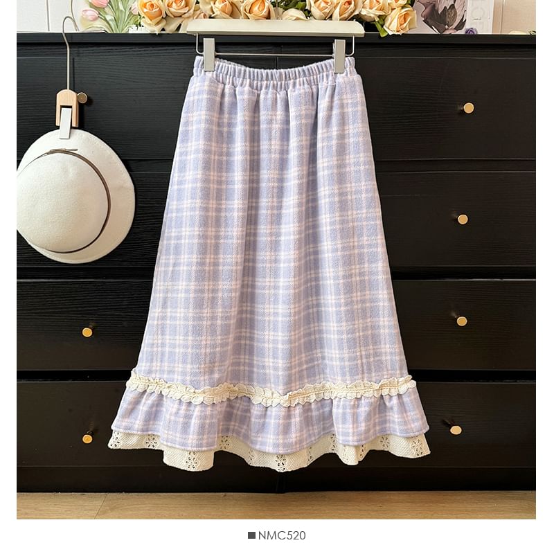 Checkered Lace-Trim High-Waist Flared Skirt