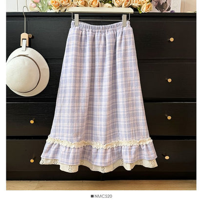 Checkered Lace-Trim High-Waist Flared Skirt