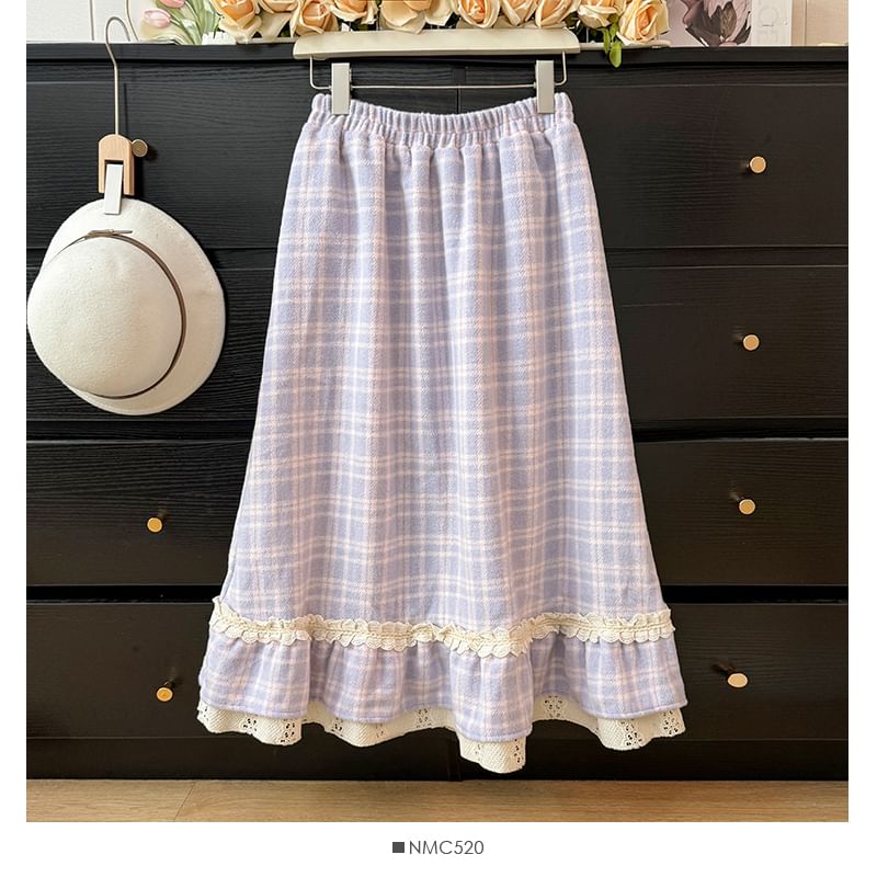 Checkered Lace-Trim High-Waist Flared Skirt