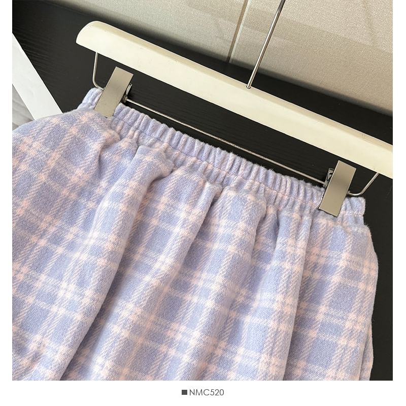 Checkered Lace-Trim High-Waist Flared Skirt
