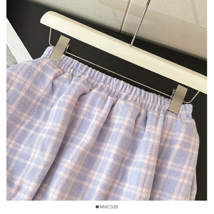 Checkered Lace-Trim High-Waist Flared Skirt