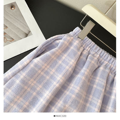 Checkered Lace-Trim High-Waist Flared Skirt