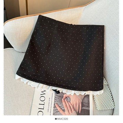 Lace-Hem Dotted Mini Skirt