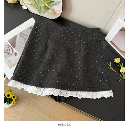 Lace-Hem Dotted Mini Skirt