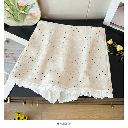 Lace-Hem Dotted Mini Skirt