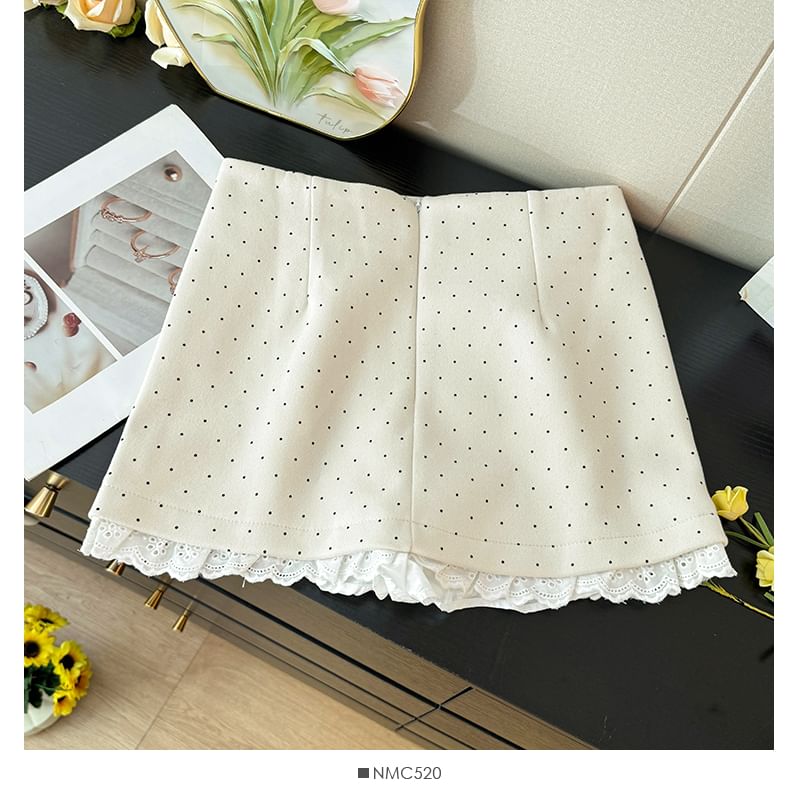 Lace-Hem Dotted Mini Skirt