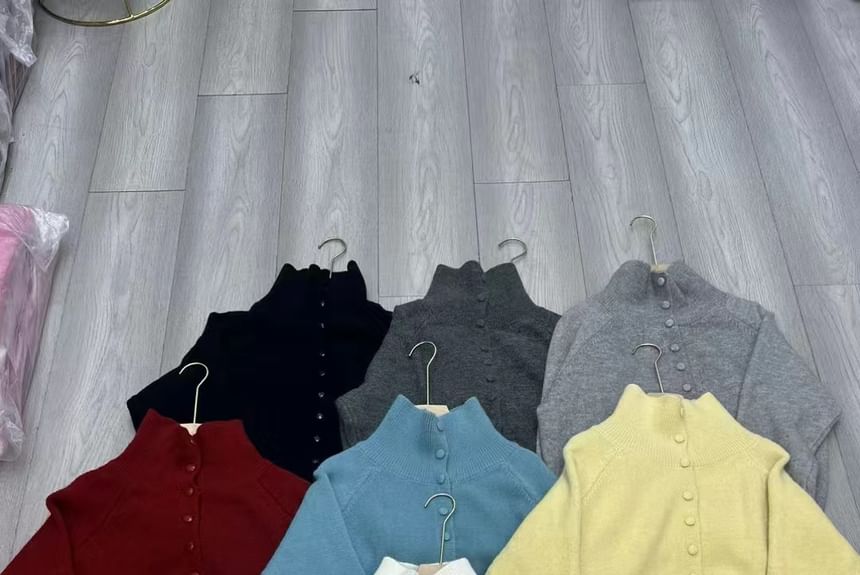 Mandarin Collar Button-Front Knit Top