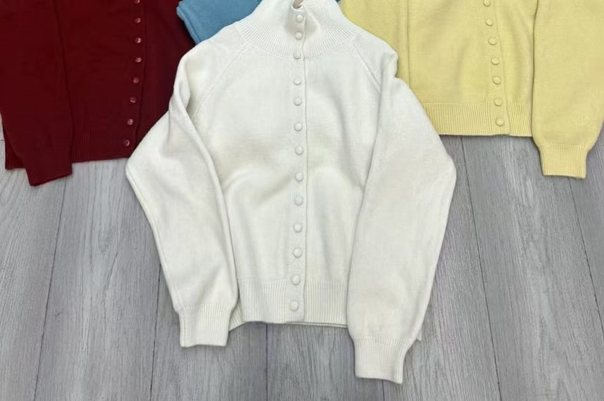 Mandarin Collar Button-Front Knit Top