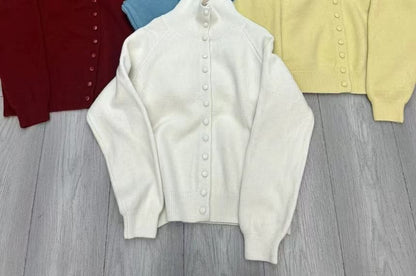Mandarin Collar Button-Front Knit Top