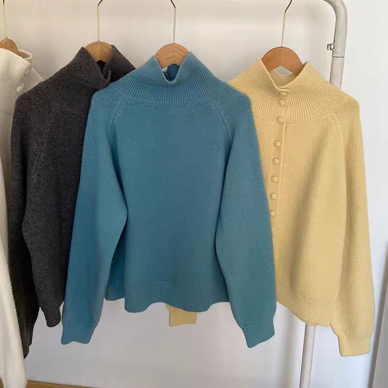 Mandarin Collar Button-Front Knit Top