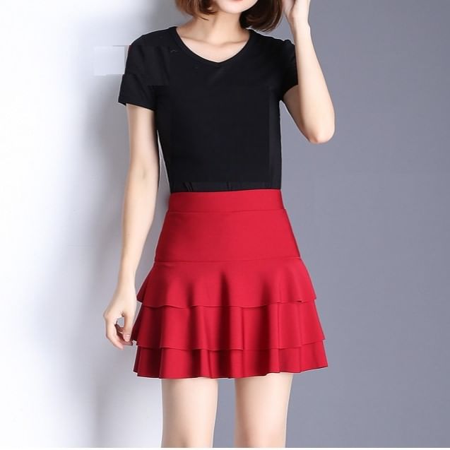 Elevated Waist Tiered Flared Mini Skirt